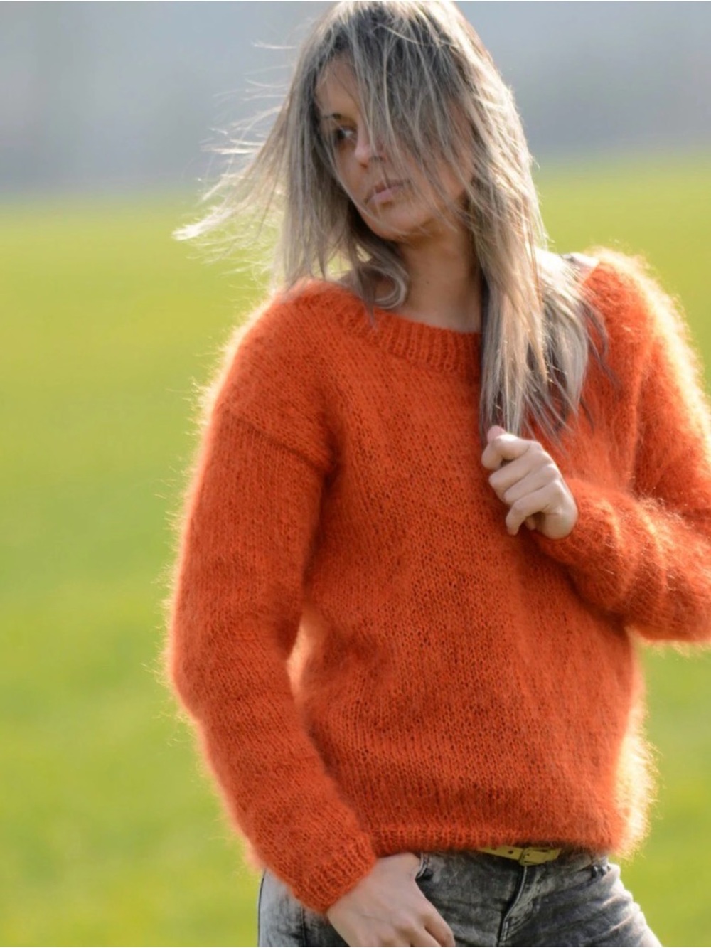 Zara Orange Fluffy Crew Neck Sweater